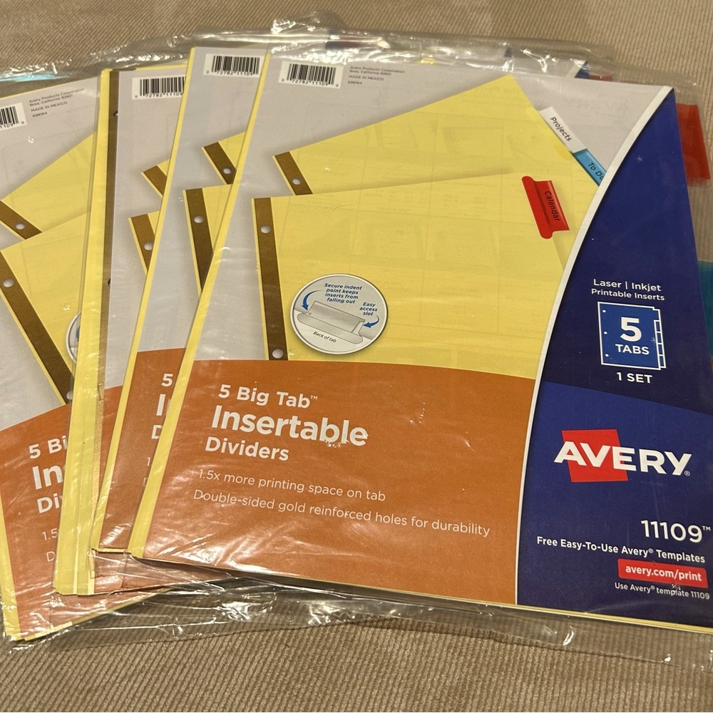 Avery 5 Big Tab Insertable Dividers NEW. Quantity 4. All 4 for $10